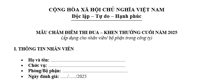 Mẫu chấm điểm thi đua, khen thưởng cuối năm 2025 dành cho doanh nghiệp