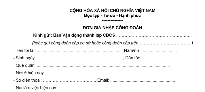 Đơn xin gia nhập Công đoàn