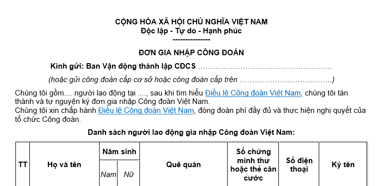 Đơn xin gia nhập Công đoàn