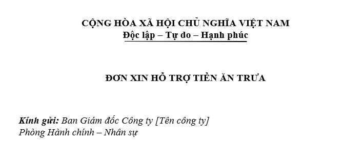 đơn xin hỗ trợ tiền ăn trưa, tiền ăn giữa