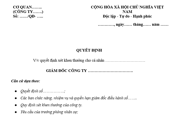 Mẫu quyết định khen thưởng cho cá nhân