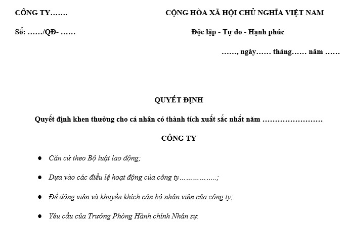 Mẫu quyết định khen thưởng cho cá nhân