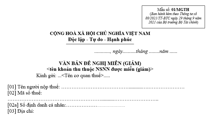 đơn đề nghị miễn giảm thuế 01 MGTH