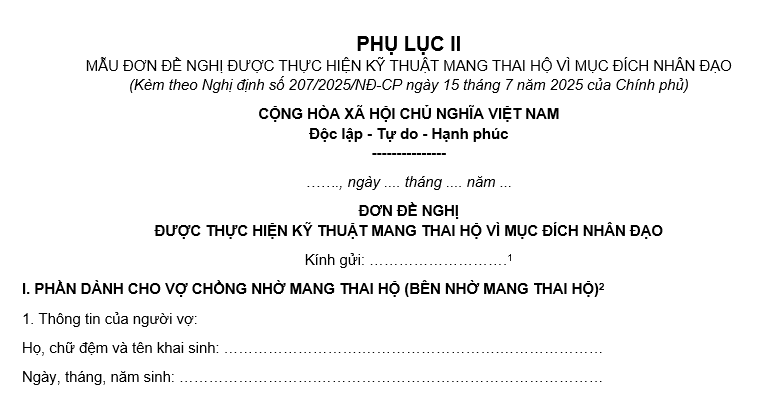 đơn đề nghị được thực hiện kỹ thuật mang thai hộ vì mục đích nhân đạo