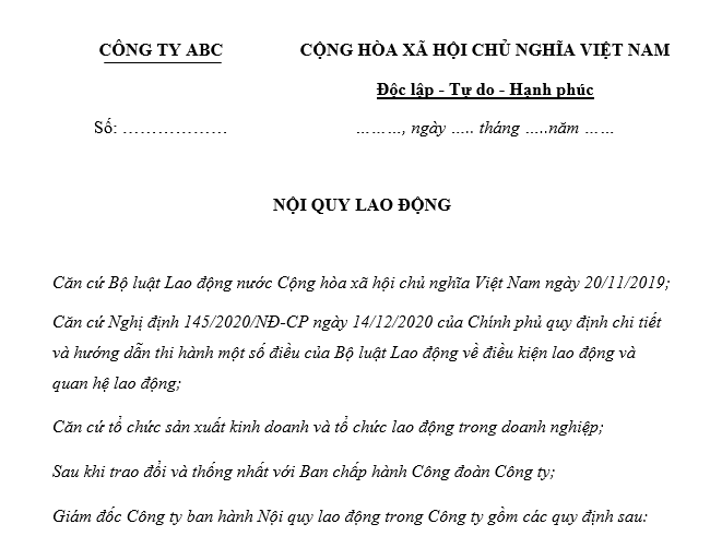 Mẫu chuẩn nội quy lao động