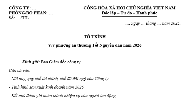Tờ trình phương án thưởng Tết Nguyên đán 2026