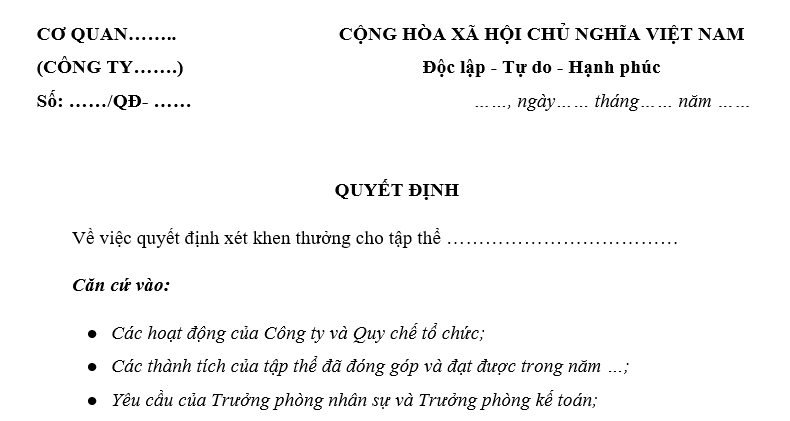 Mẫu quyết định khen thưởng cho tập thể
