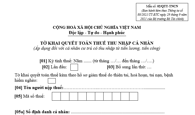 Mẫu 02 QTT TNCN Tờ khai quyết toán thuế TNCN