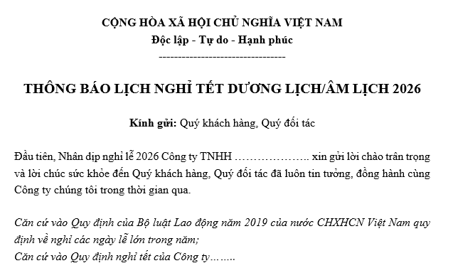 Mẫu thông báo nghỉ Tết Dương lịch 2026, Tết Âm lịch 2026 dành cho đối tác, khách hàng