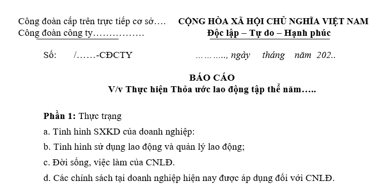 Mẫu báo cáo thực hiện thỏa ước lao động tập thể năm 2026