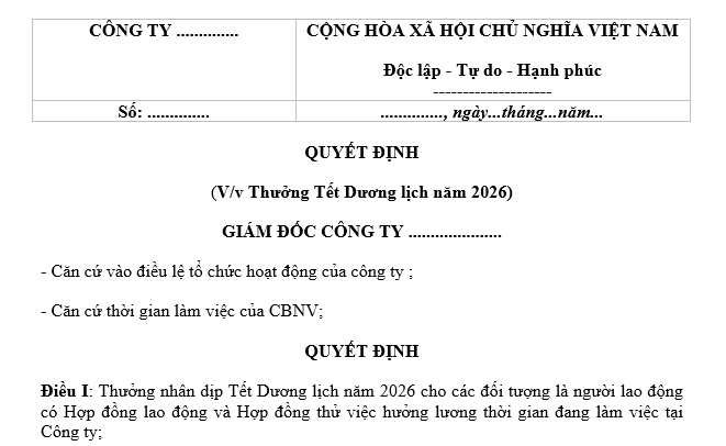 mẫu Quyết định thưởng Tết Dương lịch 2026