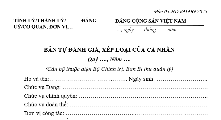 Mẫu 05 HD KĐ ĐG bản tự đánh giá xếp loại đảng viên theo Quý, Năm