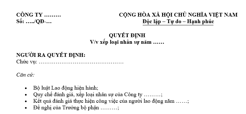 Mẫu quyết định xếp loại nhân sự cuối năm 2025