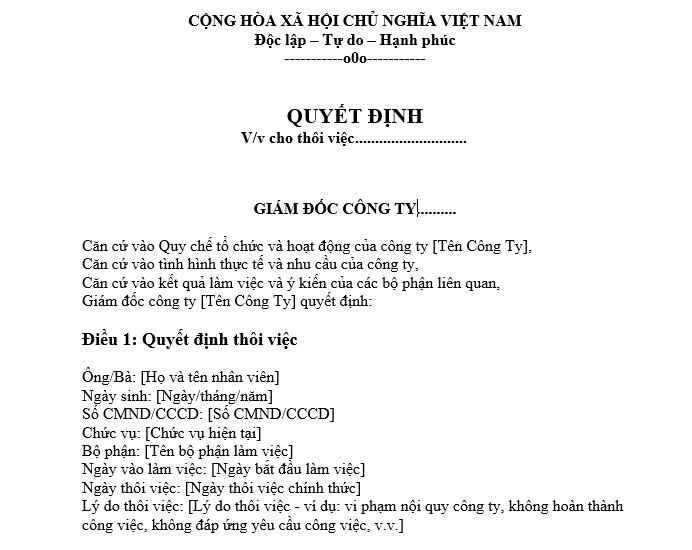 Mẫu quyết định nghỉ việc (thôi việc) cho nhân viên