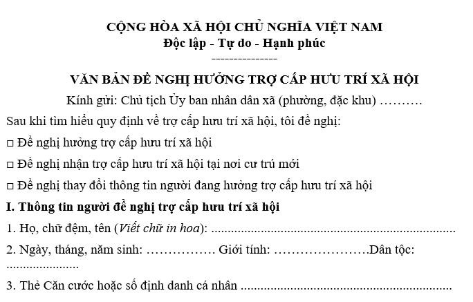 Đơn đề nghị hưởng trợ cấp hưu trí xã hội