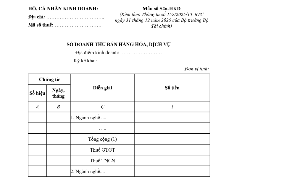 Mẫu số S2a-HKD Kèm theo Thông tư số 152/2025/TT-BTC ngày 31 tháng 12 năm 2025 của Bộ trưởng Bộ Tài chính
