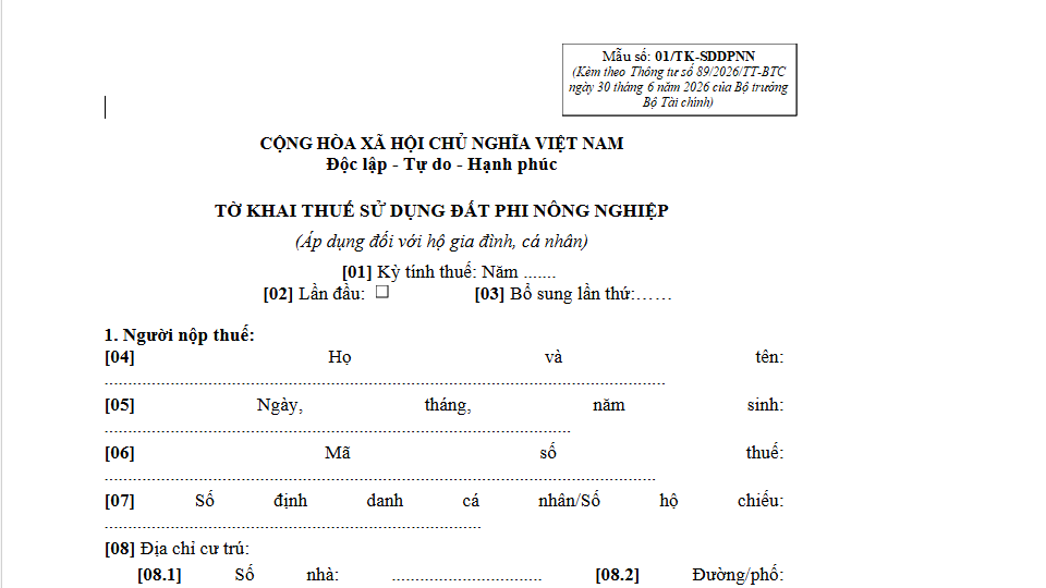  Mẫu số 01/TK-SDDPNN tại Phụ lục 1 ban hành kèm theo Thông tư 89/2026/TT-BTC