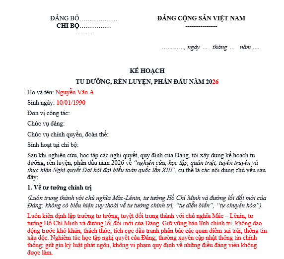 Bản viết sẵn Kế hoạch tu dưỡng rèn luyện phấn đấu năm 2026 cho Đảng viên