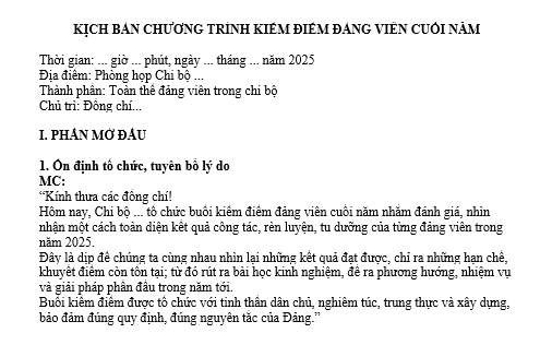 Mẫu chương trình kiểm điểm Chi bộ cuối năm 2025