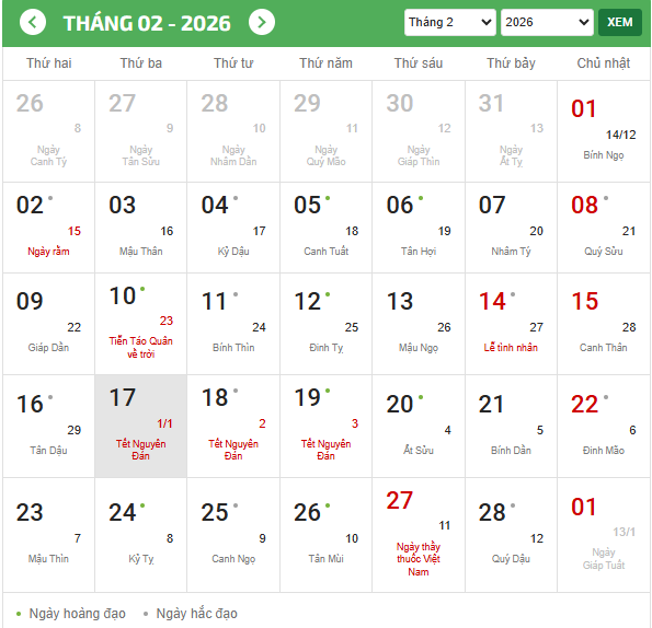 Lịch tháng 1 2026 âm lịch? Xem lịch âm tháng 1 2026? Động thổ xây nhà tháng 1 2026 âm lịch ngày nào tốt?