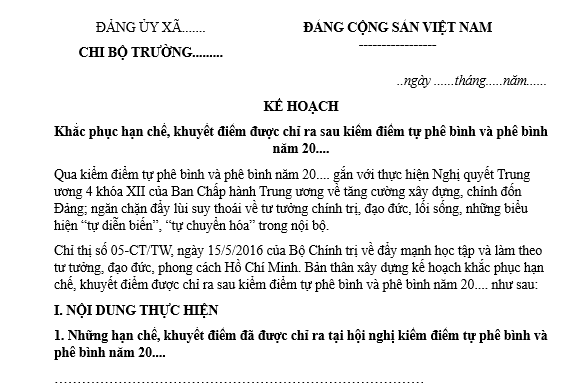 Mẫu kế hoạch khắc phục hạn chế khuyết điểm được chỉ ra sau kiểm điểm tự phê bình và phê bình năm 2025 của đảng viên mới nhất?