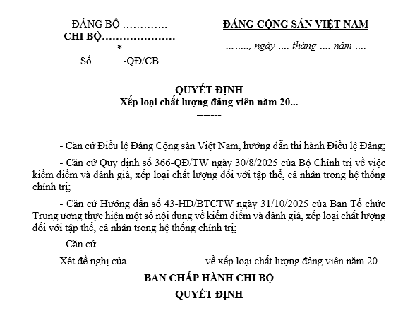 Mẫu Quyết định xếp loại đảng viên của Chi bộ cuối năm 2025