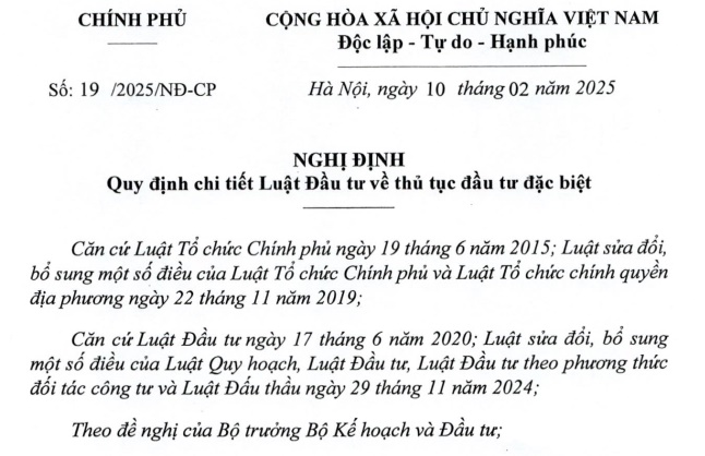 Đã có Nghị định 19/2025/NĐ-CP quy định về thủ tục đầu tư đặc biệt