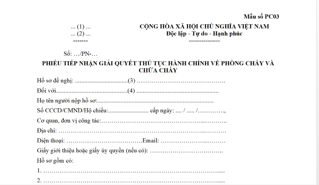 Mẫu số PC03: Phiếu tiếp nhận giải quyết thủ tục hành chính về phòng cháy và chữa cháy? Link tải file word?