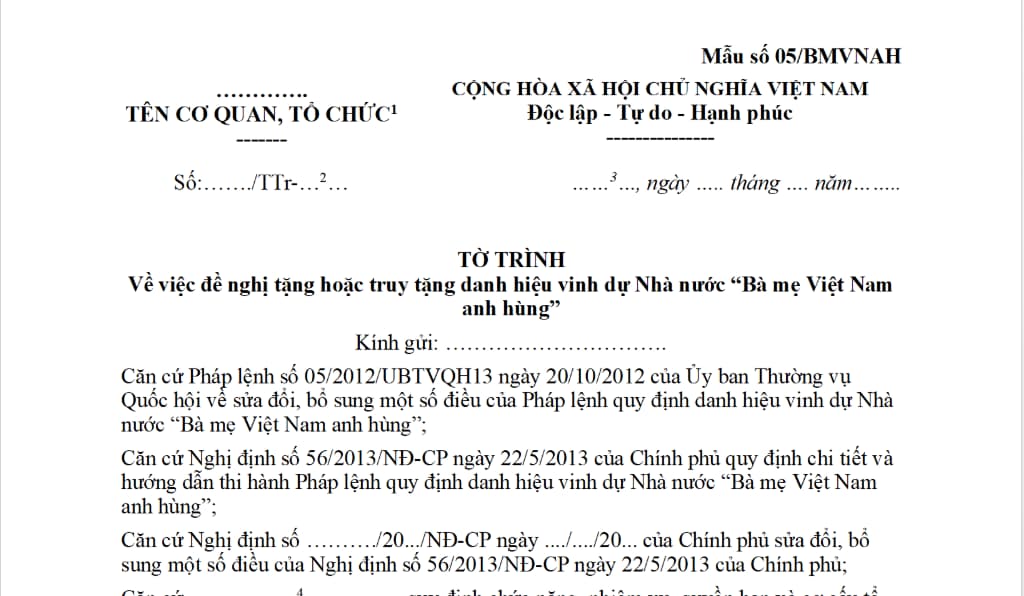 Mẫu 05/BMVNAH: Tờ trình đề nghị truy tặng danh hiệu vinh dự Nhà nước “Bà mẹ Việt Nam anh hùng”?