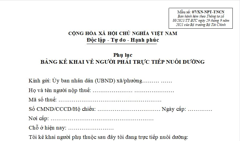 Tải về Mẫu 07/XN-NPT-TNCN bảng kê khai người phải trực tiếp nuôi dưỡng? Khi nào phải lập Mẫu 07/XN-NPT-TNCN?