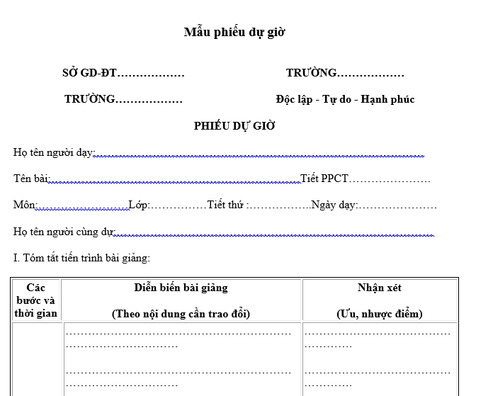 Mẫu phiếu dự giờ Tiểu học