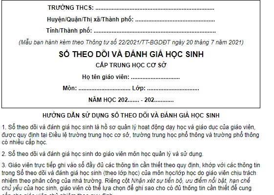 Mẫu sổ theo dõi và đánh giá học sinh cấp THCS dành cho giáo viên môn học quản lý và sử dụng