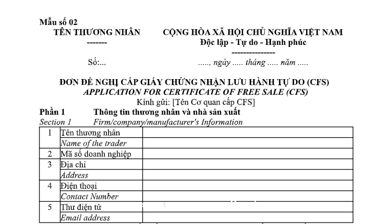 Mẫu Đơn đề nghị cấp CFS đối với hàng hóa xuất khẩu 2026