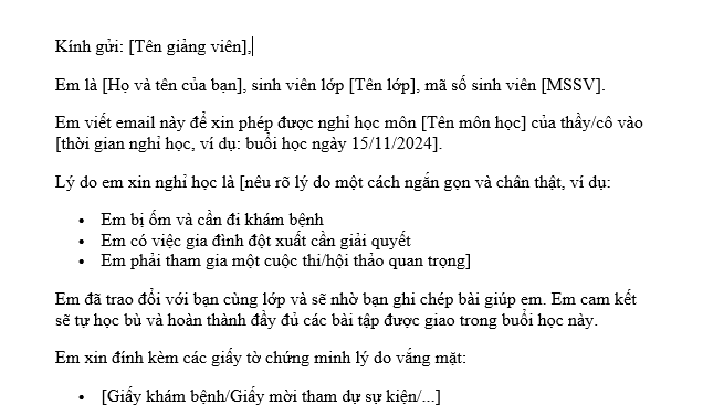 Mẫu Email xin nghỉ học dành cho sinh viên đại học