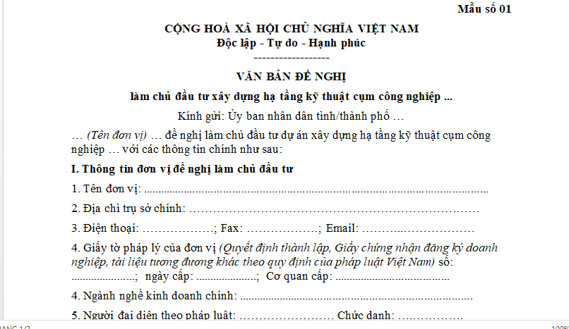 Mẫu Văn bản đề nghị làm chủ đầu tư xây dựng hạ tầng kỹ thuật cụm công nghiệp