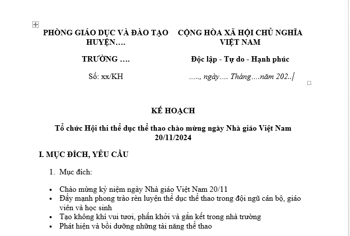 Mẫu Kế hoạch tổ chức Hội thi thể dục thể thao chào mừng ngày 20 tháng 11 Nhà giáo Việt Nam. 