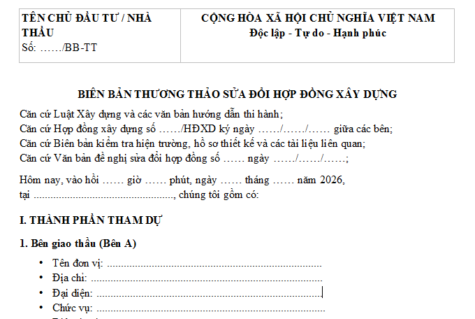 Mẫu Biên bản thương thảo sửa đổi hợp đồng xây dựng mới nhất 2026? Tải mẫu Biên bản thương thảo sửa đổi hợp đồng file word?