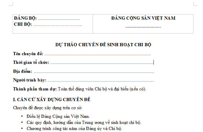 Mẫu dự thảo chuyên đề sinh hoạt chi bộ mới nhất 2026? Tải Mẫu dự thảo chuyên đề sinh hoạt chi bộ file word? 