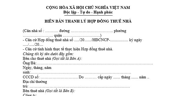 Mẫu Biên bản thanh lý hợp đồng thuê nhà ở mới nhất