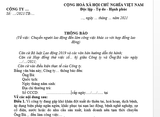  Mẫu Thông báo chuyển người lao động đến làm công việc khác so với hợp đồng lao động của công ty