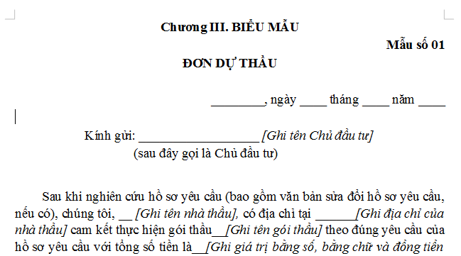 Mẫu Đơn dự thầu gói thầu thiết kế và cung cấp hàng hóa EP