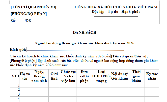 Mẫu Danh sách người lao động tham gia khám sức khỏe định kỳ 2026 file word là mẫu nào? Tải mẫu tại đâu?