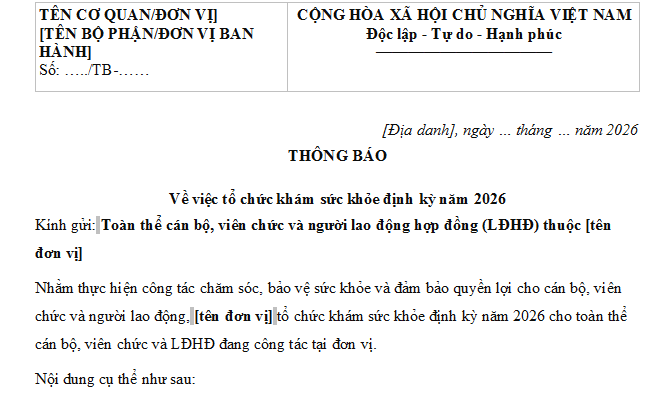 Mẫu Thông báo lịch khám sức khỏe định kỳ cho cán bộ viên chức và LĐHĐ 2026 có dạng ra sao? Tải mẫu tại đâu? 