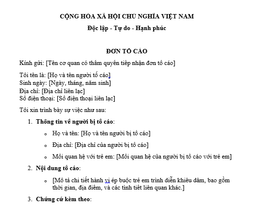  Mẫu đơn tố cáo hành vi ép buộc trẻ em trình diễn khiêu dâm