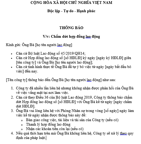 Mẫu thông báo chấm dứt hợp đồng lao động đối với người lao động tự ý bỏ việc