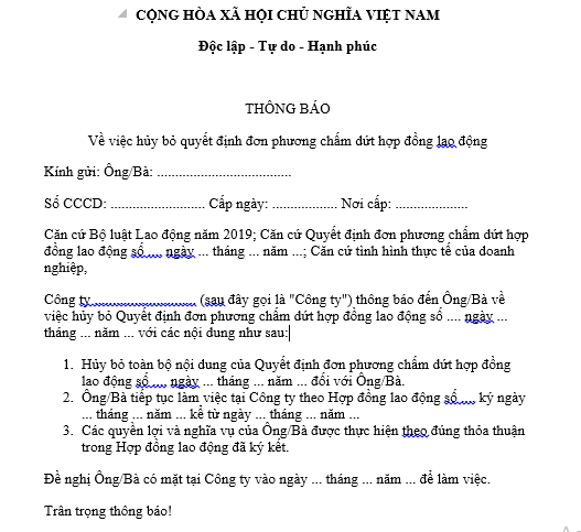 Mẫu Thông báo hủy bỏ đơn phương chấm dứt hợp đồng lao động của người sử dụng lao động