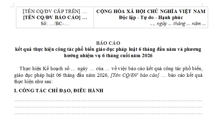 Mẫu Báo cáo kết quả thực hiện công tác phổ biến giáo dục pháp luật 6 tháng đầu năm 2026 và phương hướng nhiệm vụ 6 tháng cuối năm