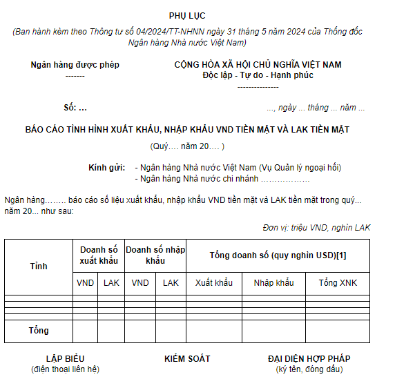 Mẫu Báo cáo tình hình xuất khẩu, nhập khẩu vnd tiền mặt và lak tiền mặt mới nhất hiện nay