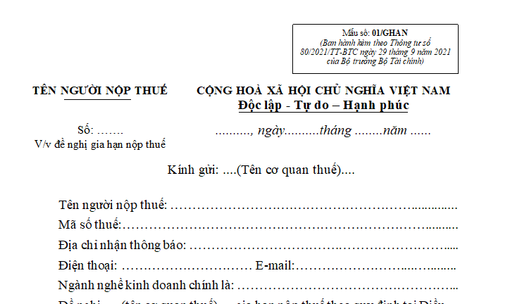 Mẫu đơn đề nghị gia hạn nộp thuế dành cho hộ kinh doanh gặp khó khăn do dịch bệnh