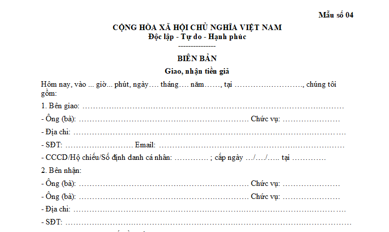 Mẫu biên bản giao nhận tiền giả mới nhất